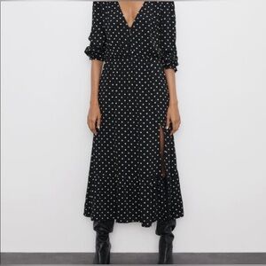 Zara Black Polka Dot V‑Neck Midi Dress